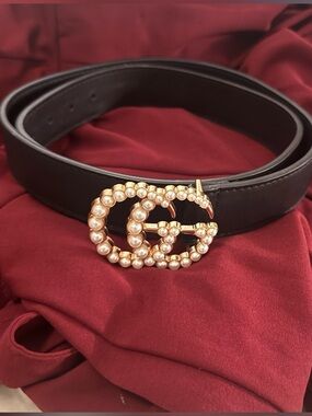 Authentic Gucci Black Belt- Pearl-Embellished Double G Buckle-no dust box or box